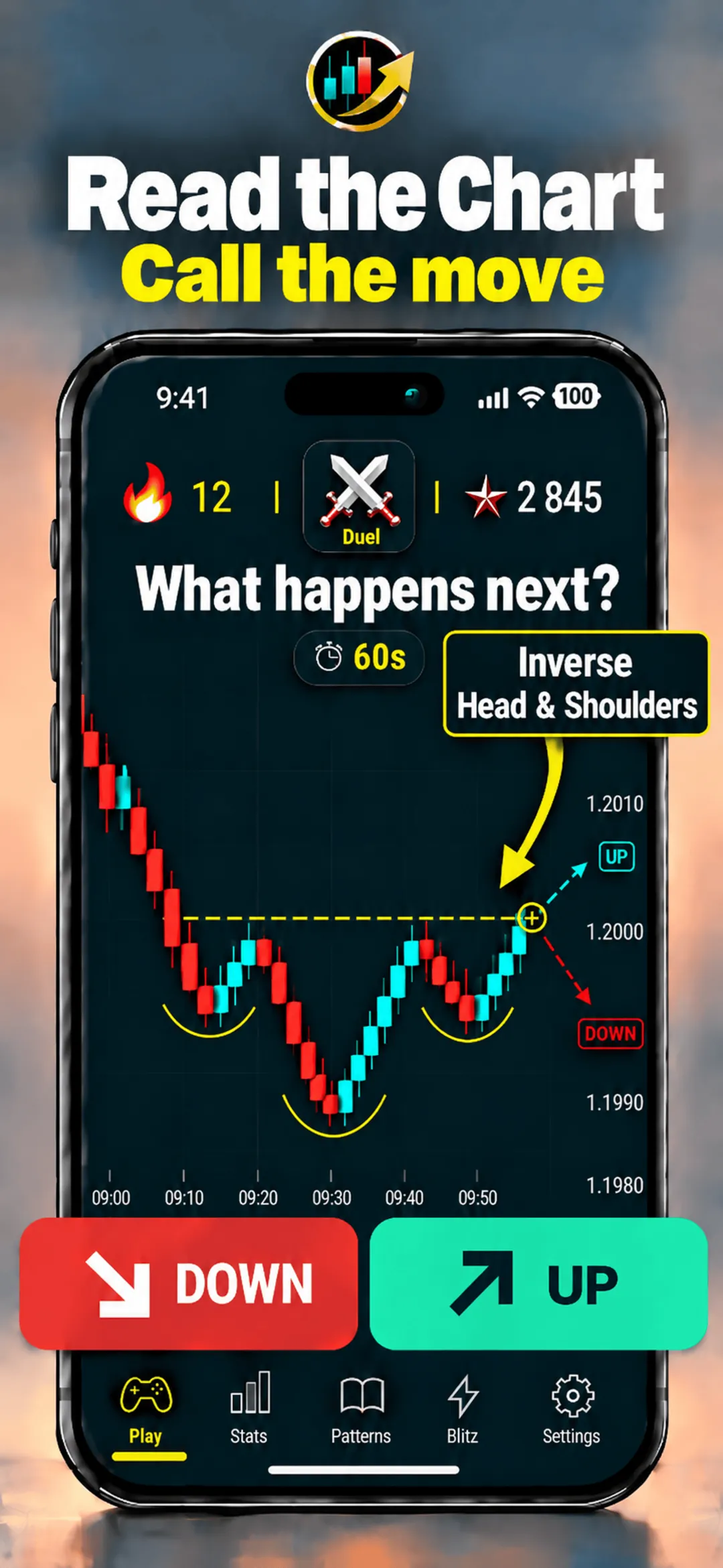 Chart Guess game screen captioned Read the Chart, Call the Move: a candlestick chart under What happens next?, a 60-second timer and red DOWN and green UP buttons