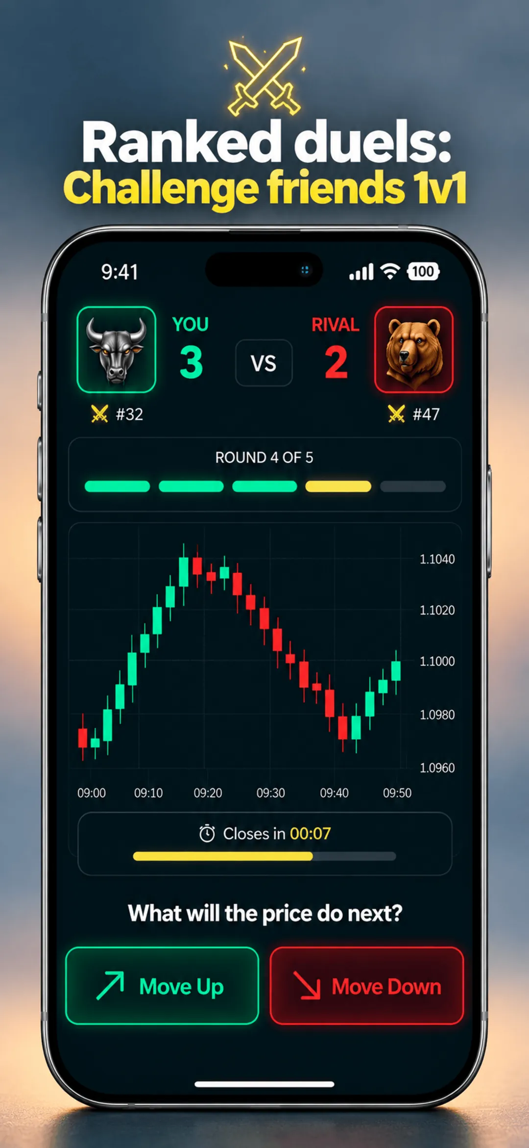 Chart Guess ranked duel captioned Challenge friends 1v1: two players calling the same chart, Move Up or Move Down