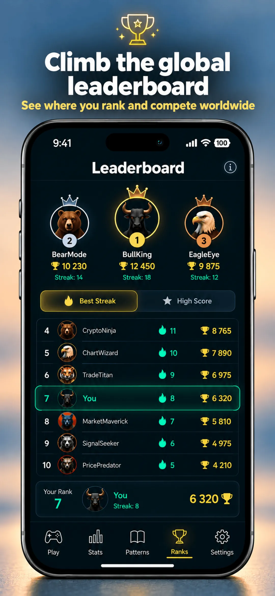 Chart Guess global leaderboard: animal avatars on a podium above a ranked list