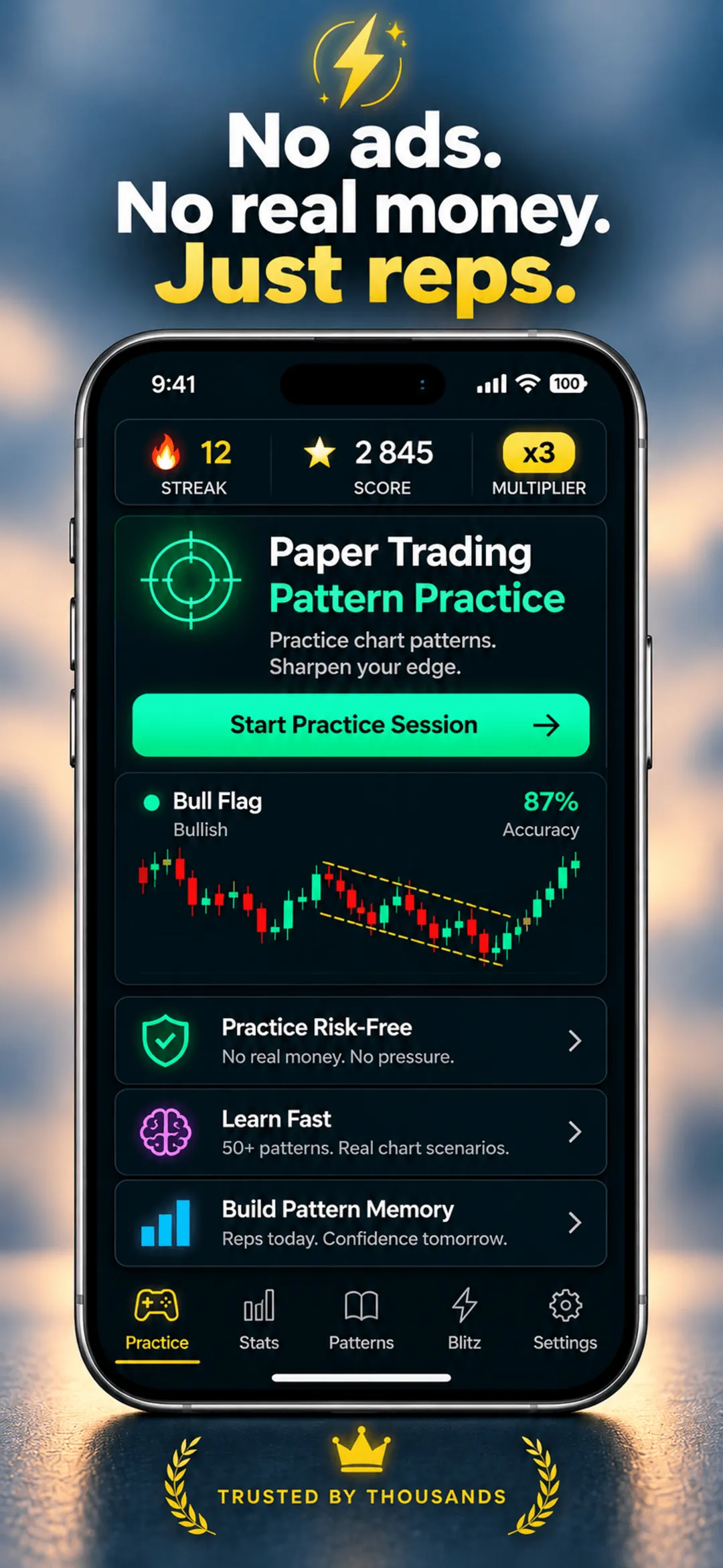 Chart Guess practice screen captioned No ads. No real money. Just reps.