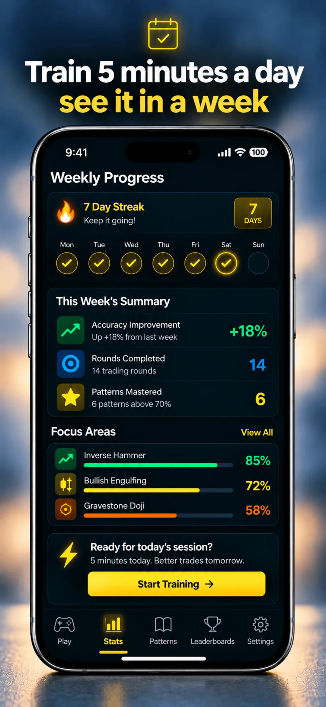 Chart Guess weekly progress captioned Train 5 minutes a day: a 7-day streak, weekly summary and focus areas