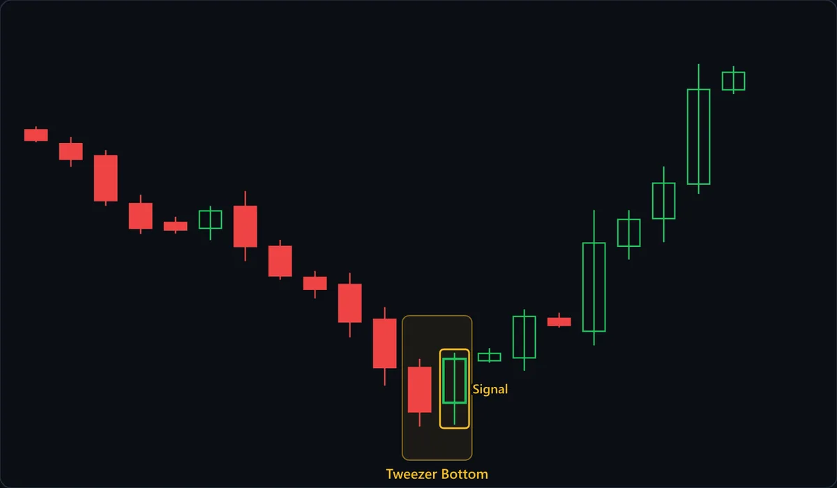 The box labelled Tweezer Bottom sits at the end of a two-leg decline: a long red candle closes near a new low, then the green candle marked Signal dips to almost the same low and closes above the red candle's open. The next candle pokes above the Signal high but closes only level with it; the one after closes clearly above it, and the rally climbs back past where the decline began.